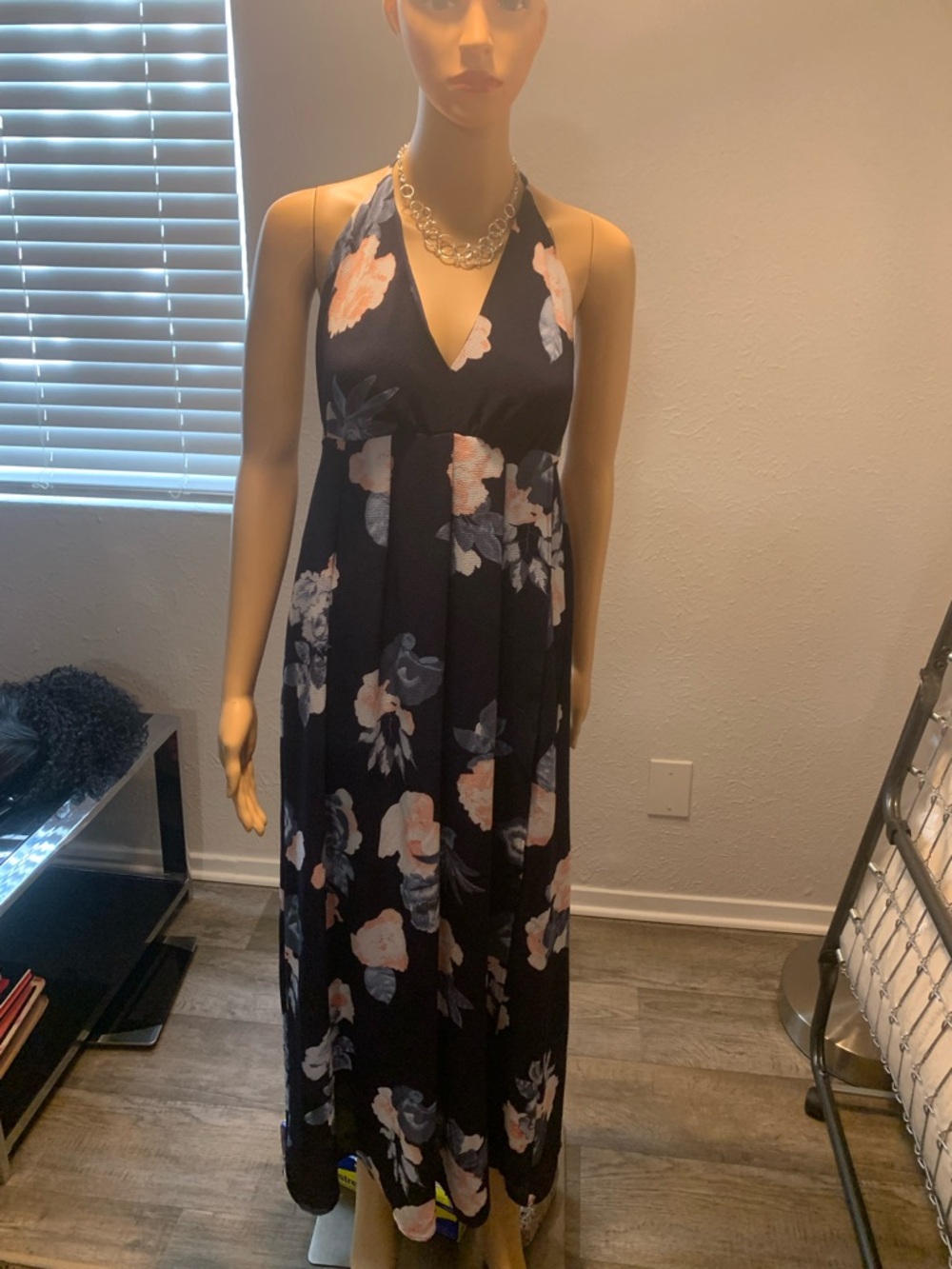 Simple Navy Blue Halter Maxi Dress with Pink Floral Print